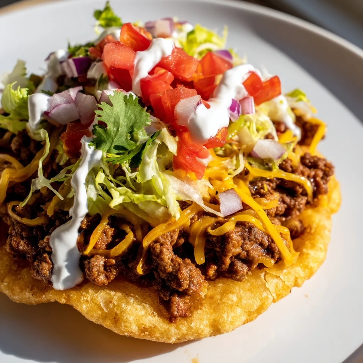 Golden beef tostadas topped with fresh lettuce, diced tomatoes, and a drizzle of sour cream.