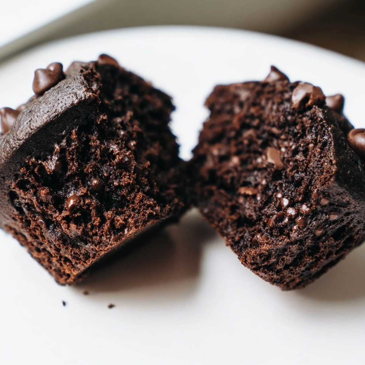 Moist Chocolate Banana Muffins topped with melted chocolate chips, served warm on a rustic wooden table.
