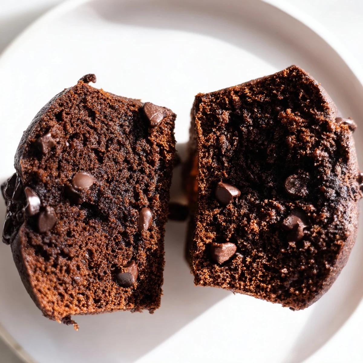 Easy homemade Chocolate Banana Muffins fresh from the oven, with gooey chocolate pools and soft golden tops.