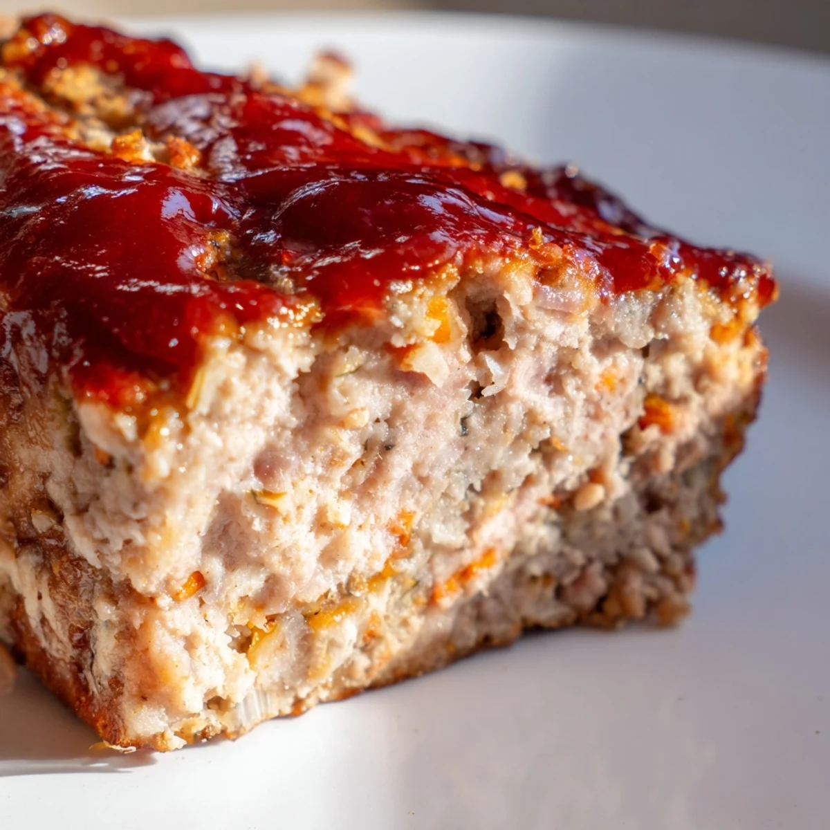 Freshly baked Turkey Meatloaf with Ketchup glistening on a cutting board, sliced to reveal a juicy interior.