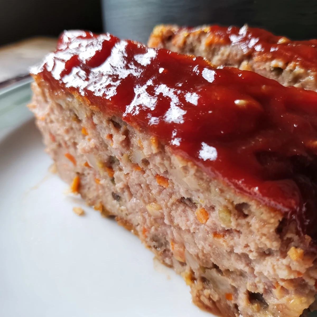 Homemade Turkey Meatloaf with Ketchup glazed to perfection, served alongside creamy mashed potatoes and green beans.