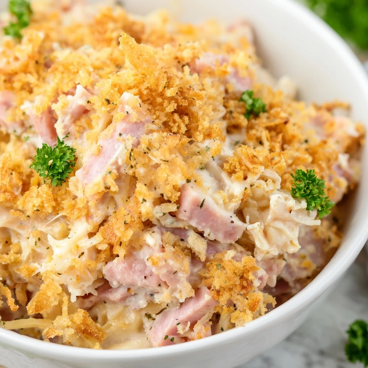 Golden, bubbling Chicken Cordon Bleu Casserole topped with buttery panko breadcrumbs, fresh parsley, and melted Swiss cheese.