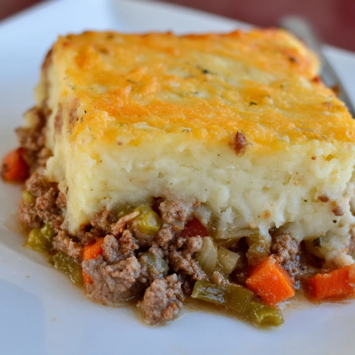 Savory Beef Shepherd's Pie with a rich vegetable filling and a side of steamed green beans for a healthy meal.