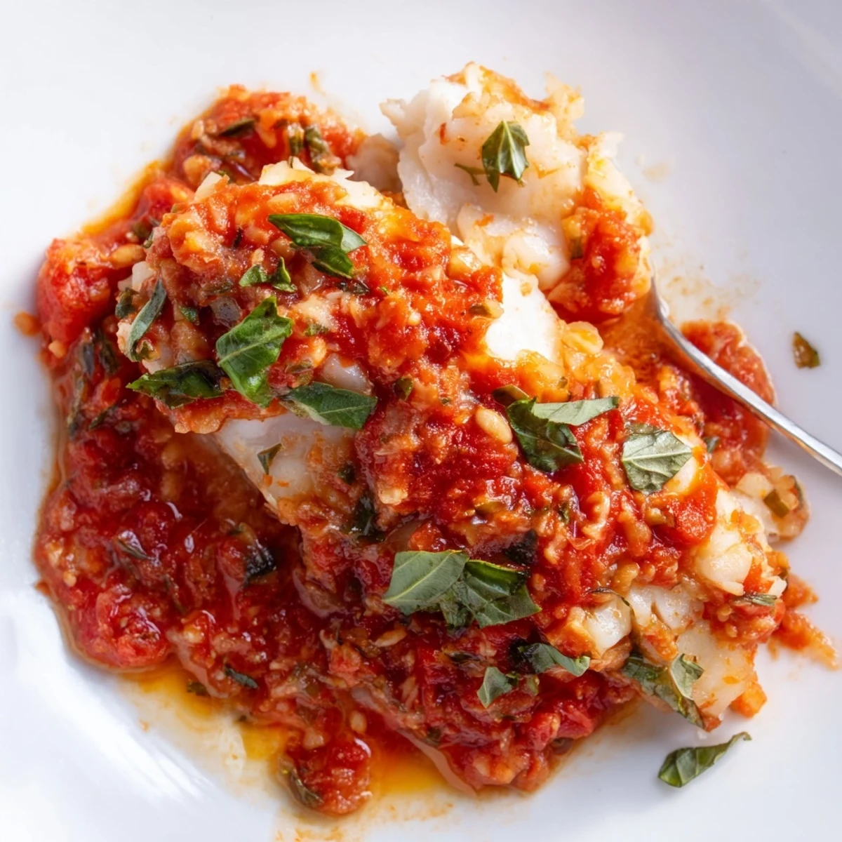 Flaky white fish topped with vibrant red sauce and aromatic basil, ready to serve over steamed rice.