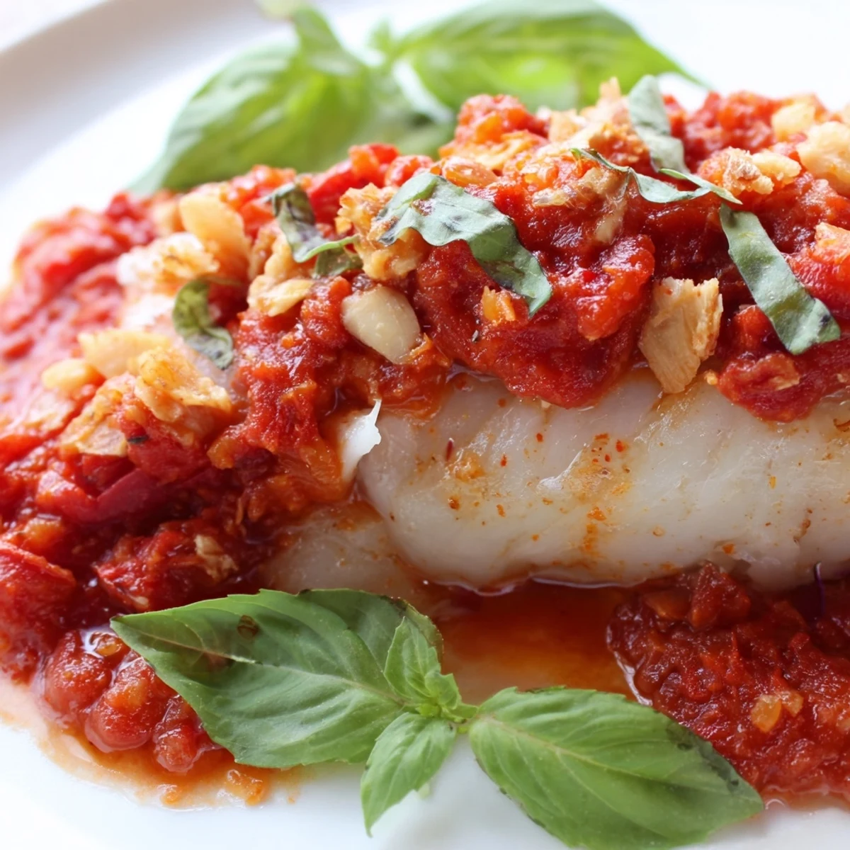 Golden baked cod fillets simmering in a rich, chunky tomato and fresh basil sauce, served with lemon wedges.