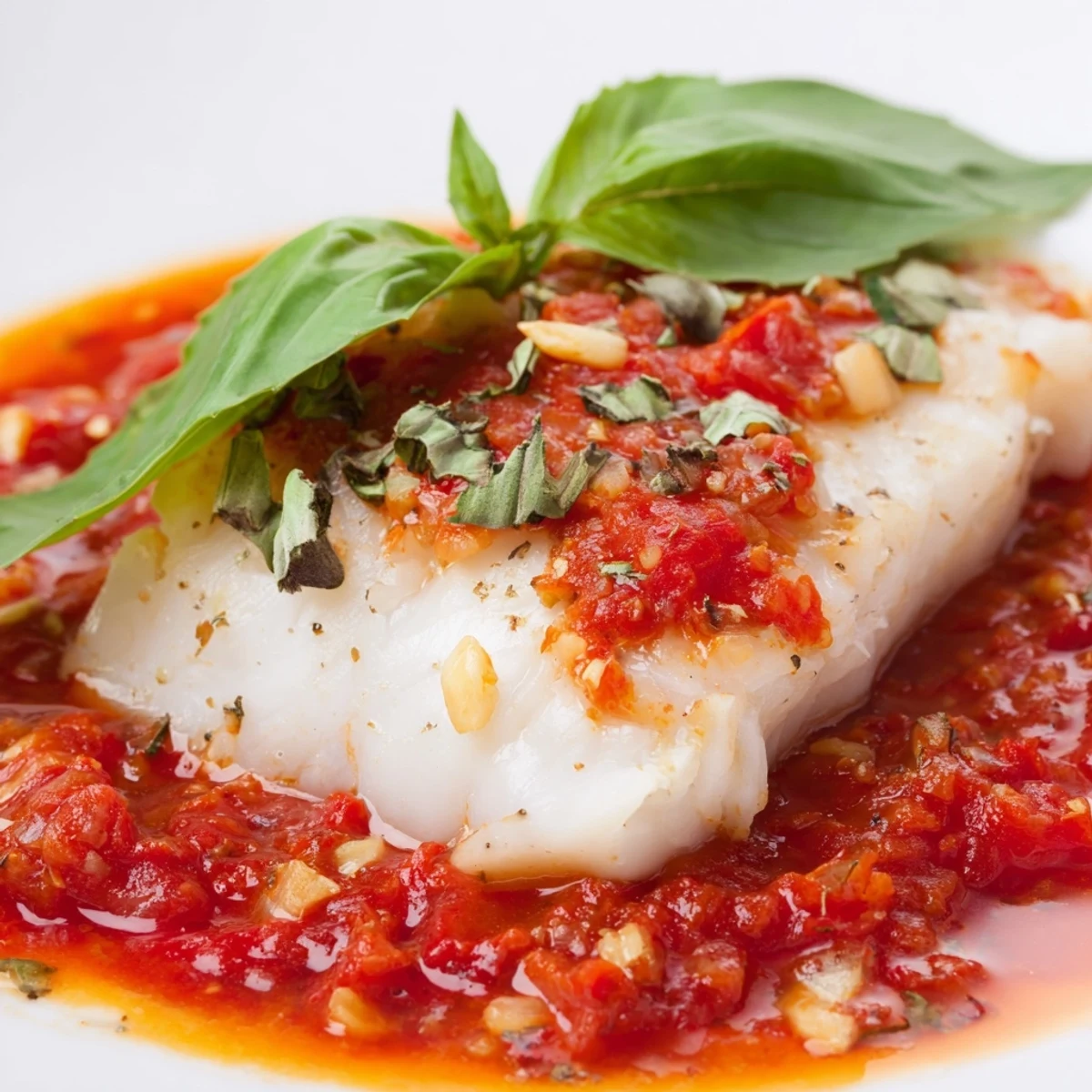 Baked Cod with Tomato Basil Sauce bubbling from the oven, garnished with fresh basil and lemon wedges.