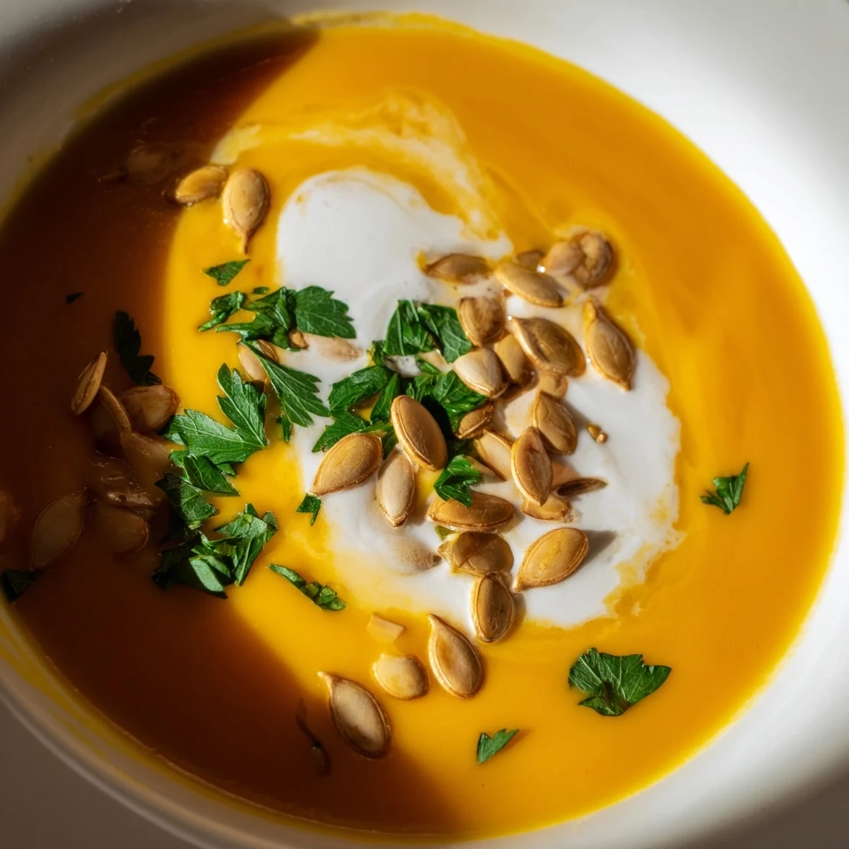 Winter Squash Soup with Apple steaming in a rustic bowl, topped with toasted pumpkin seeds and a swirl of cream.