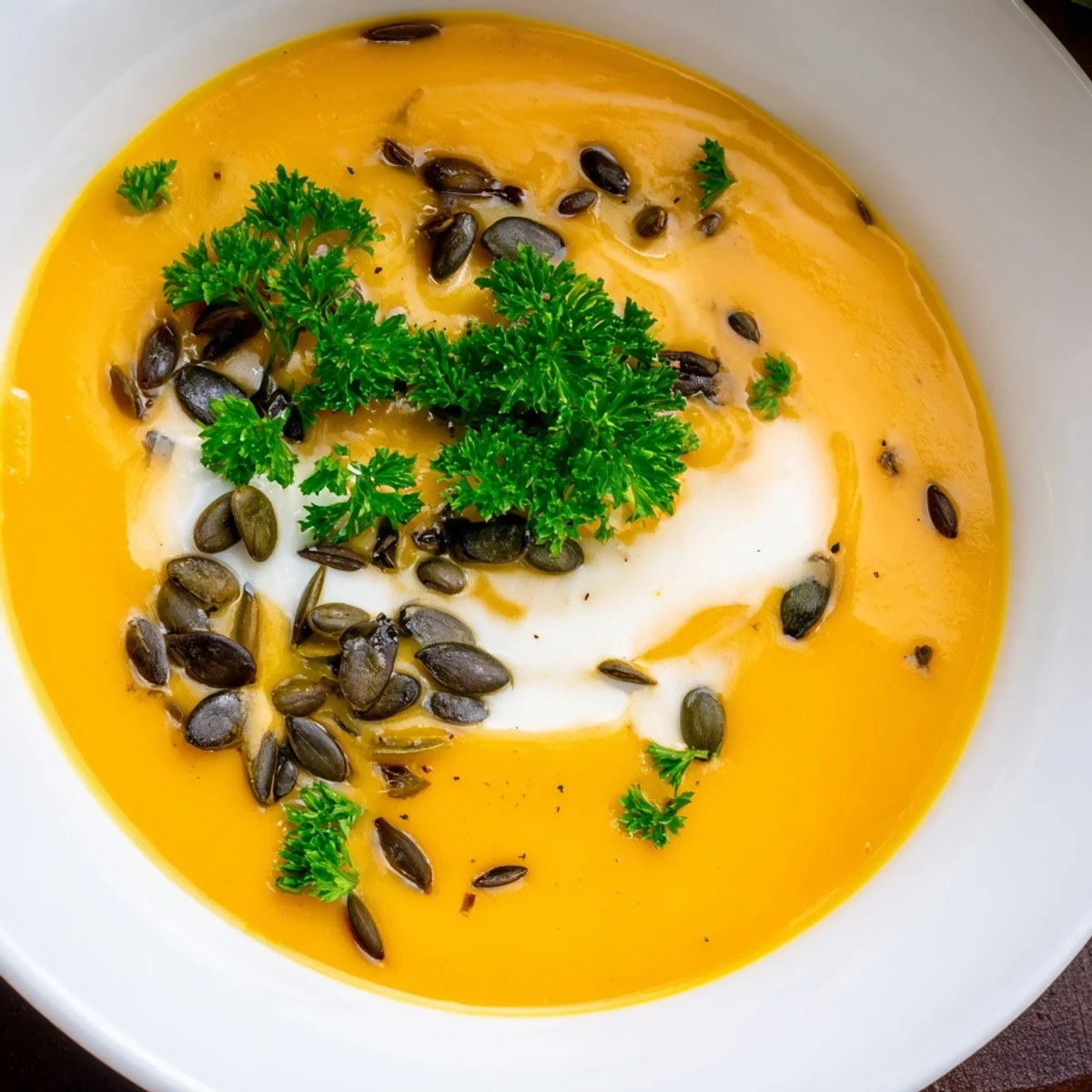 Close-up of Winter Squash Soup with Apple, garnished with fresh parsley, served alongside crusty bread for a comforting meal.