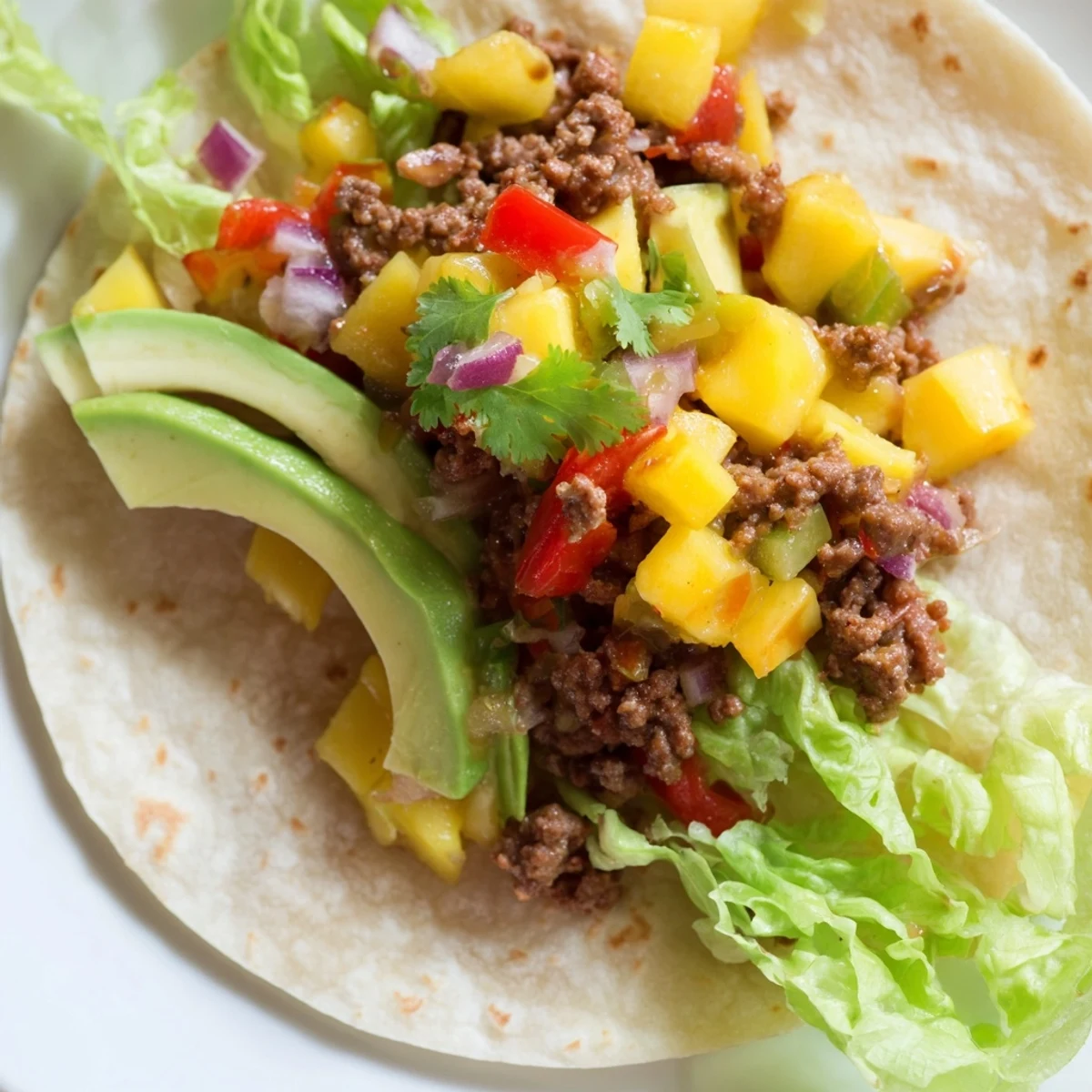 Golden-brown spicy beef mixture in warm corn tortillas, topped with vibrant mango salsa, red onion, and cilantro.