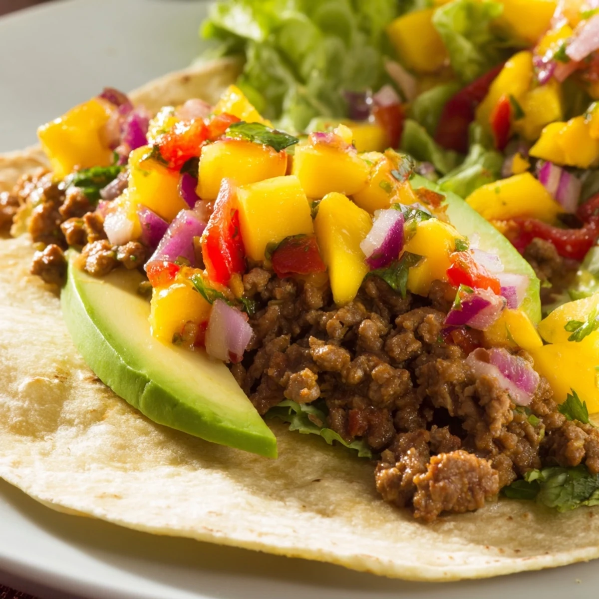 Close-up of juicy spicy beef tacos with mango salsa, lime wedges on the side for a fresh squeeze.