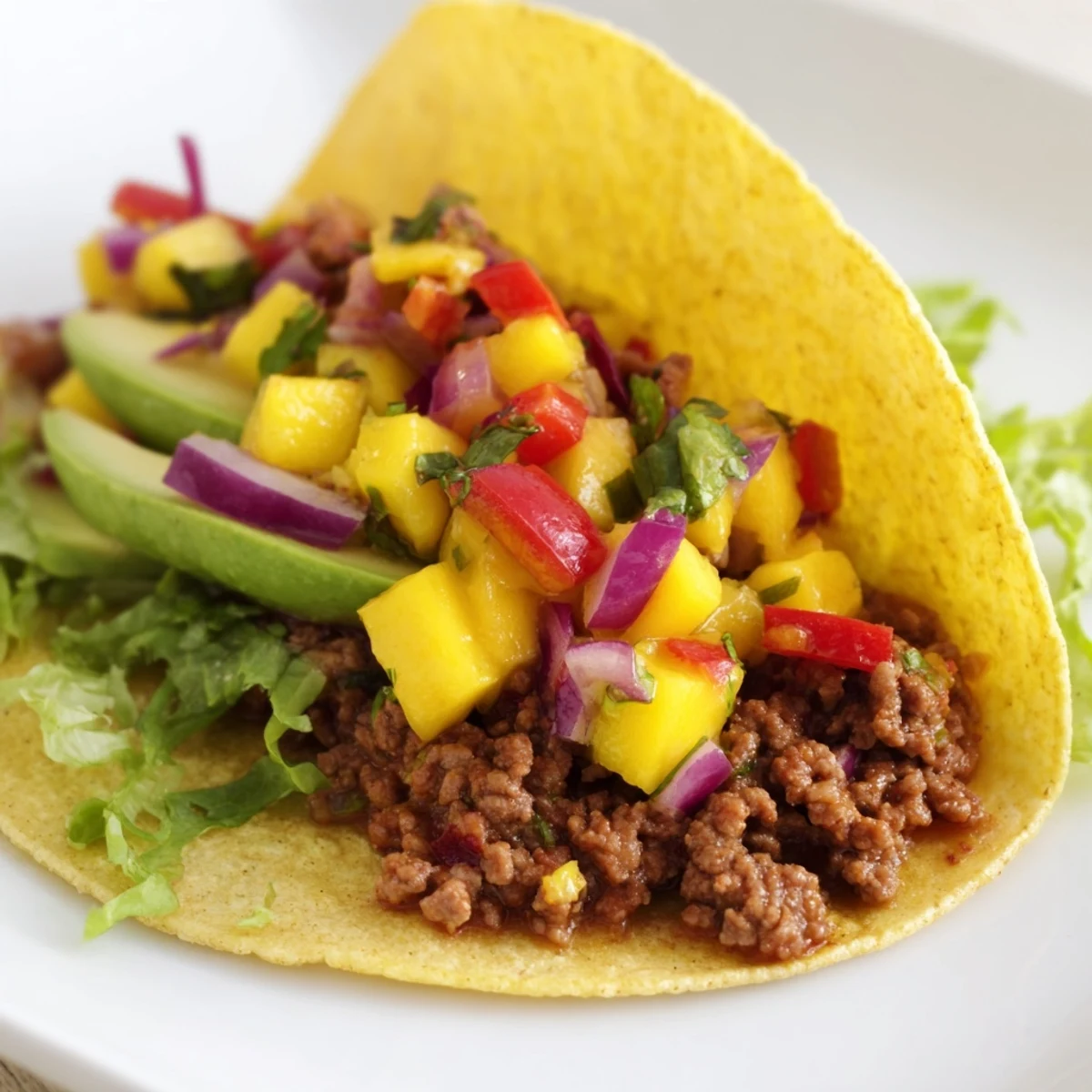 Spicy beef tacos with mango salsa, garnished with cilantro and jalapeños, ready to serve on a platter.