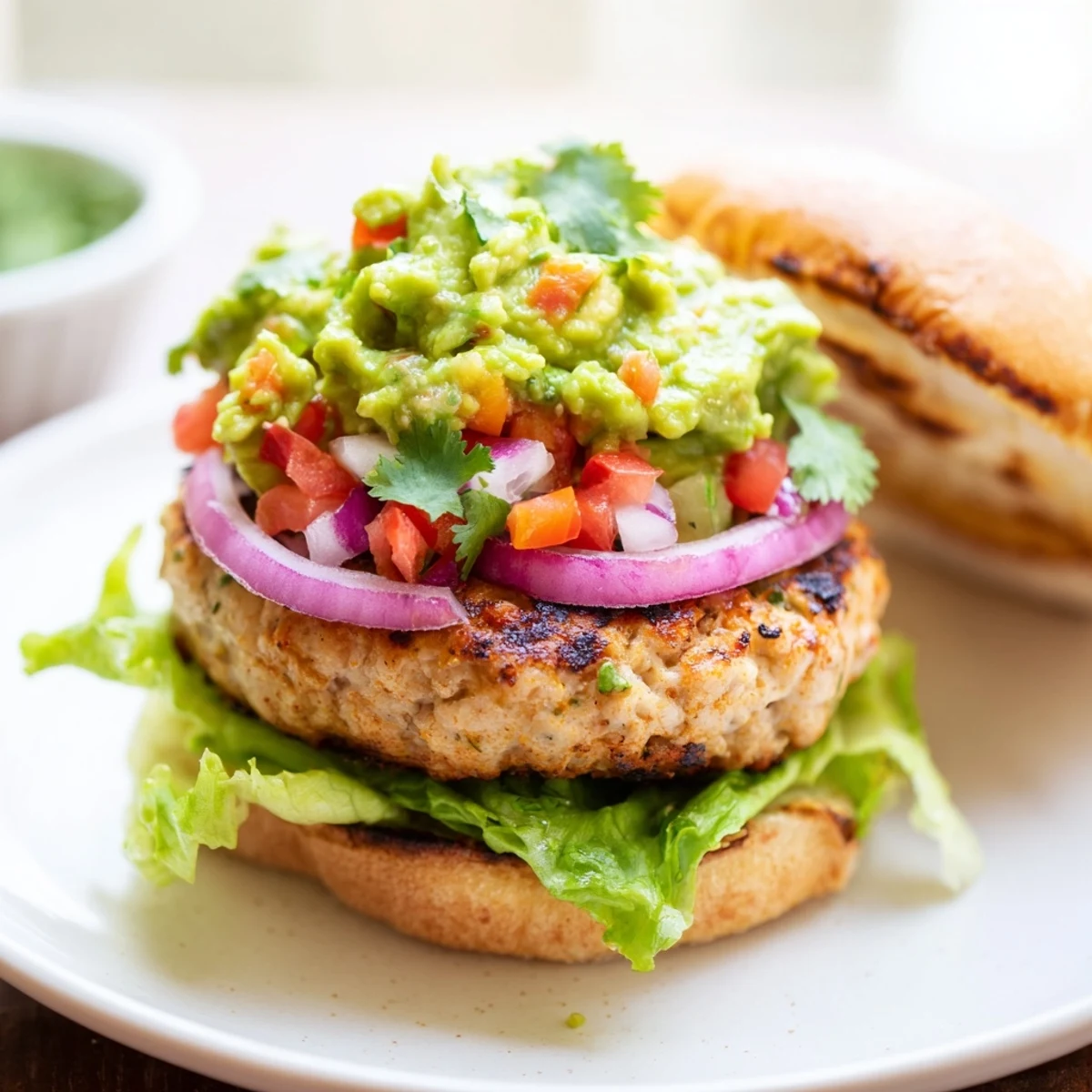 A close-up of a juicy Turkey Burger with Guacamole, showcasing creamy avocado spread and golden-brown patty.