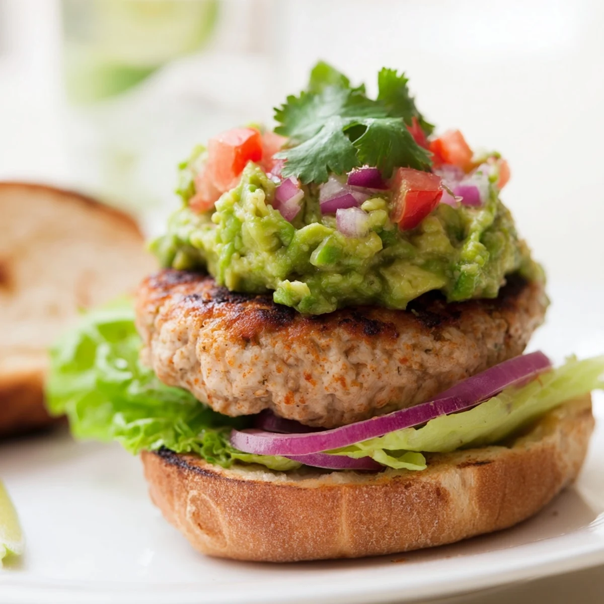 Freshly grilled Turkey Burger with Guacamole served on a toasted bun with crisp lettuce and red onion.