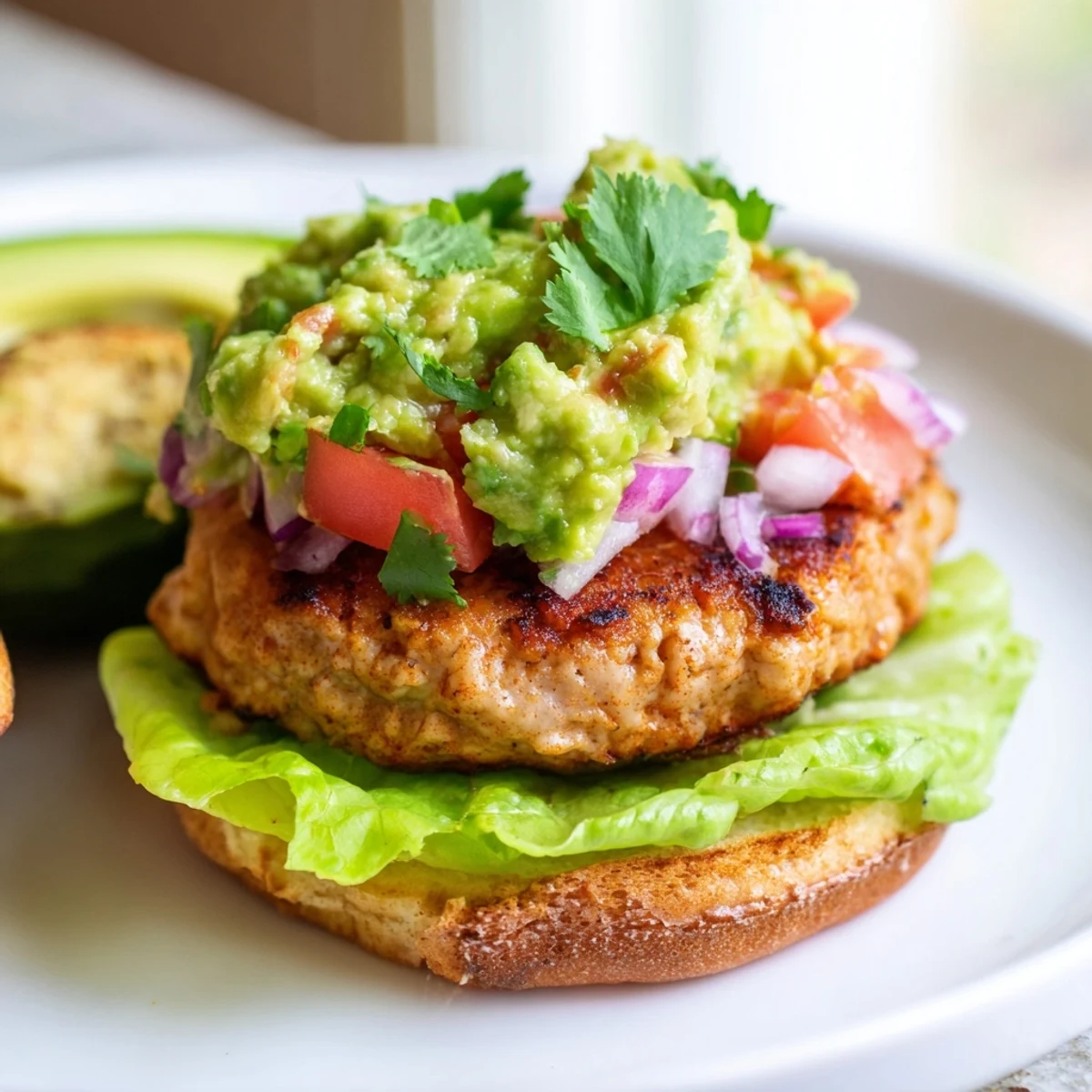 Turkey Burger with Guacamole plated alongside baked sweet potato fries, perfect for a weeknight dinner.