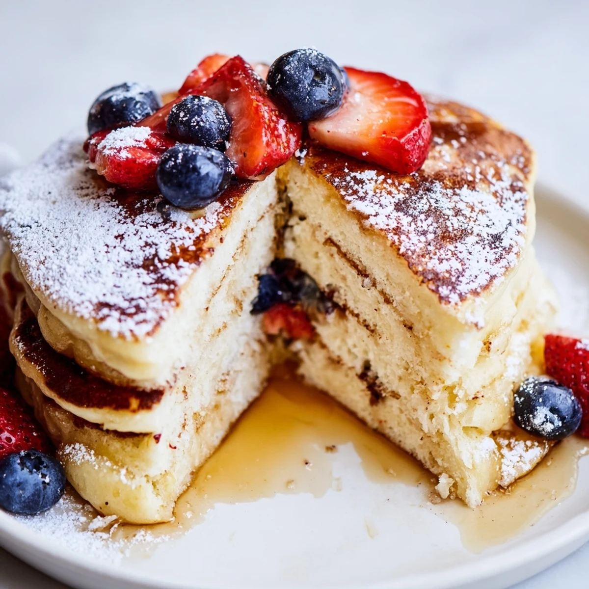 Golden-brown Lemon Ricotta Pancakes with Syrup are stacked high on a plate, fluffy texture visible, ready for a weekend brunch.