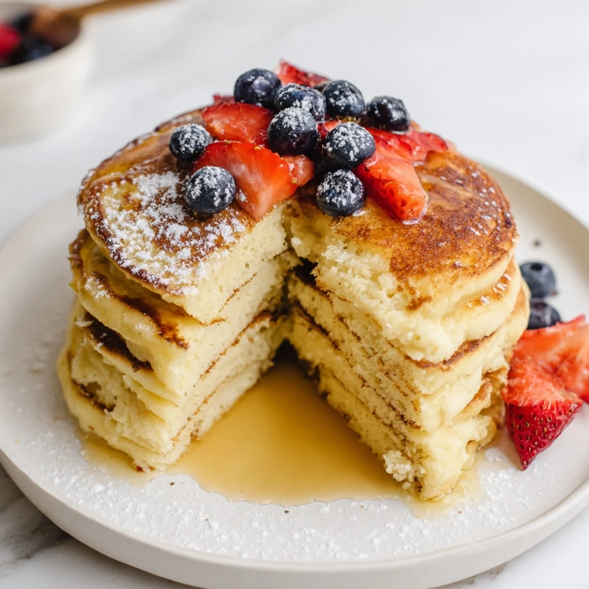 Thick maple syrup cascades down fluffy Lemon Ricotta Pancakes with Syrup, garnished with fresh blueberries and a dusting of powdered sugar.