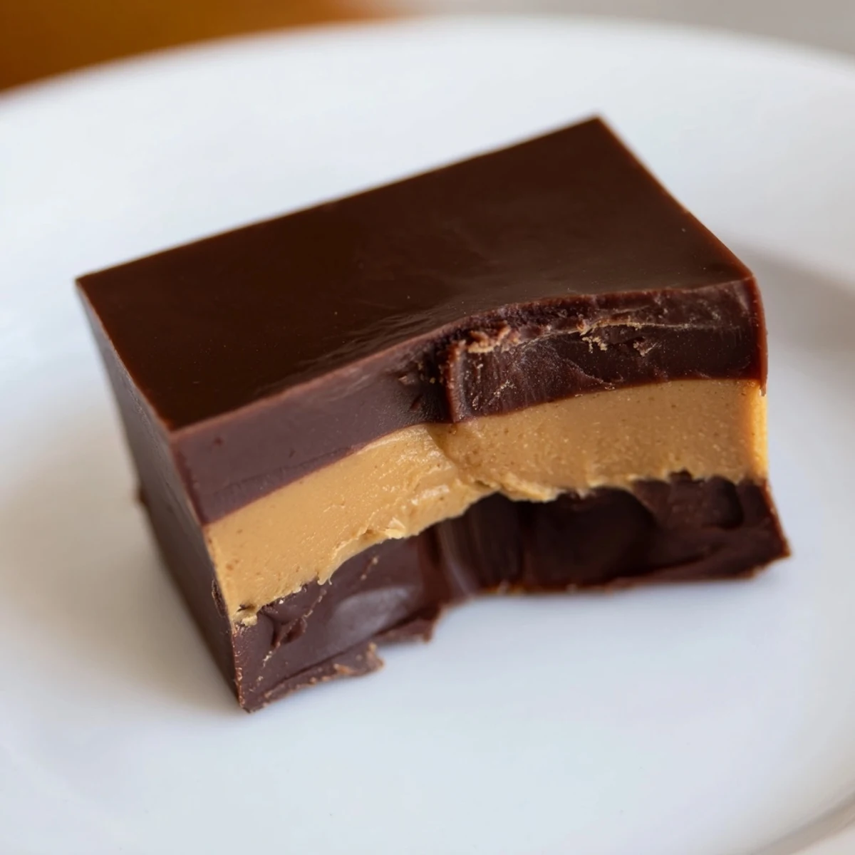 Creamy squares of homemade Chocolate Peanut Butter Fudge are stacked on a marble countertop.