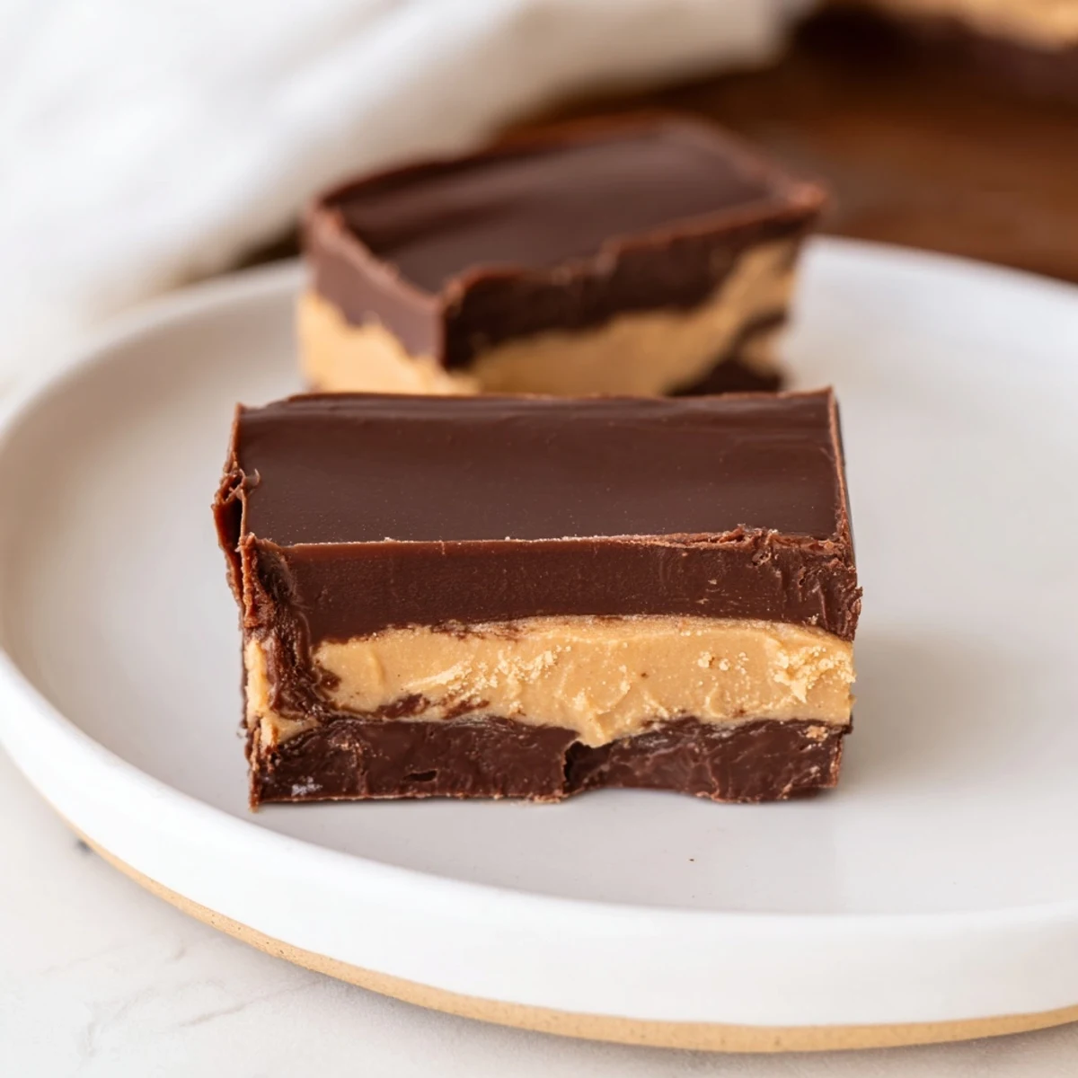 Decadent Chocolate Peanut Butter Fudge pieces are arranged on a dessert plate ready for serving.