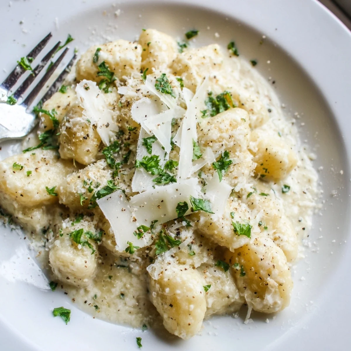 Creamy Garlic Parmesan Gnocchi in a rich sauce, garnished with fresh parsley and served in a rustic skillet for a cozy meal.