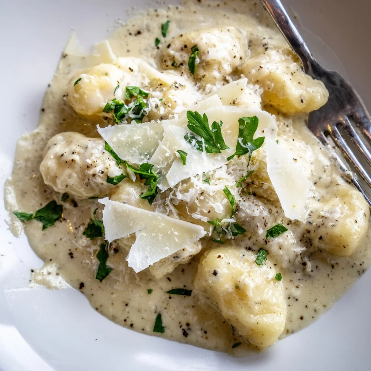 Tender potato gnocchi tossed in a luscious Creamy Garlic Parmesan Gnocchi sauce, with steam rising and extra cheese on top.