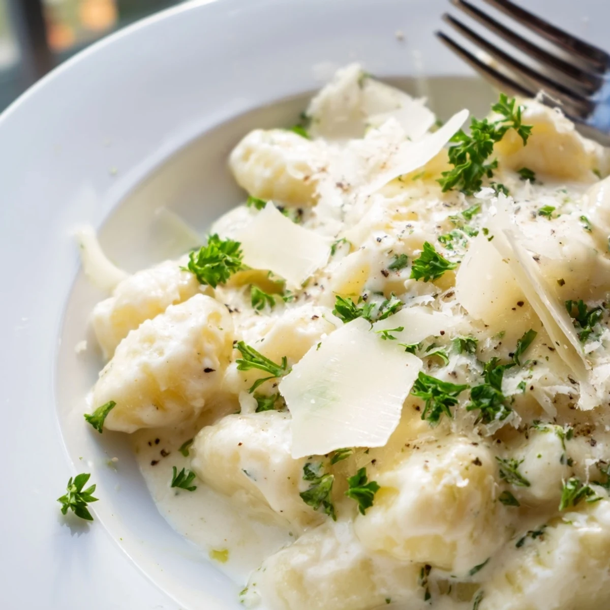 Close-up of Creamy Garlic Parmesan Gnocchi plated with a side salad, highlighting the velvety sauce clinging to each dumpling.
