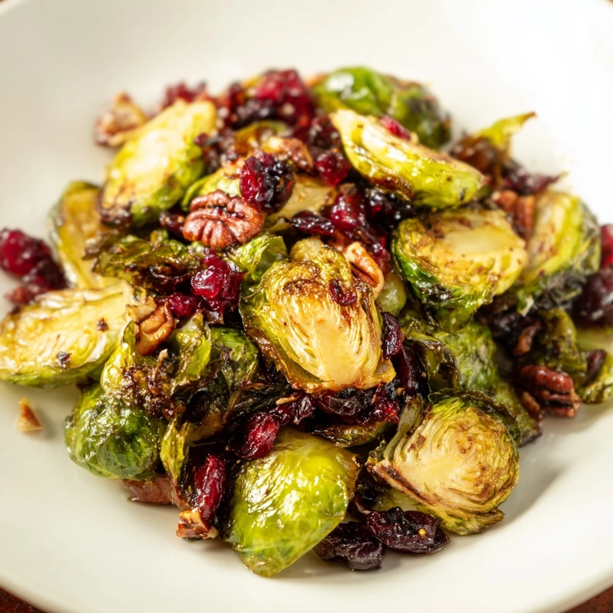 Crispy roasted Brussels sprouts with cranberries glistening with balsamic glaze, served warm on a platter for a holiday side dish.