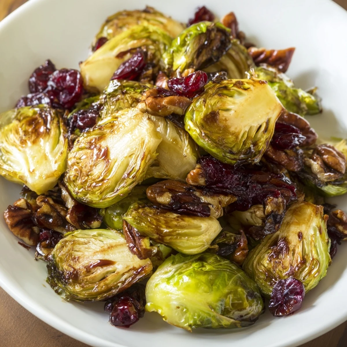 Golden brown roasted Brussels sprouts with cranberries and balsamic glaze, plated for a delicious vegetarian Thanksgiving side dish.