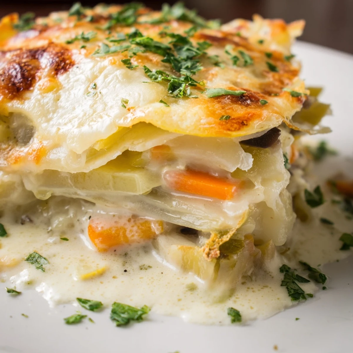 Golden-baked Winter Vegetable Gratin with Gruyere bubbling in a ceramic dish next to a fresh green salad.