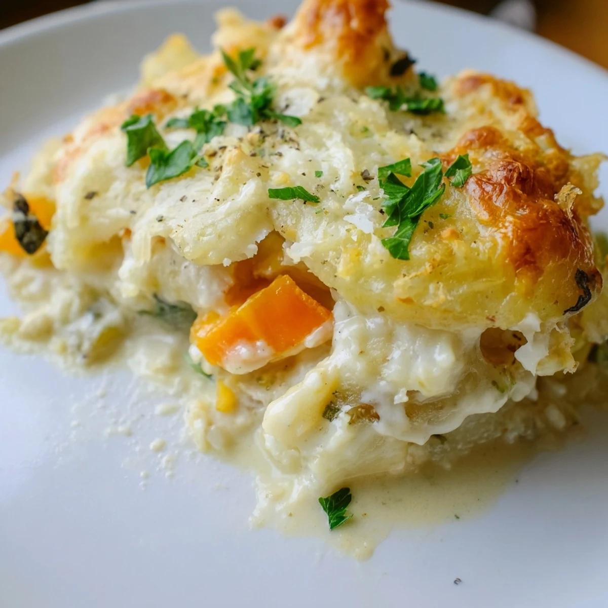 Slices of Winter Vegetable Gratin with Gruyere served on a plate with a garnish of fresh parsley.