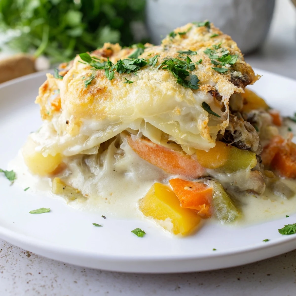 A close-up of Winter Vegetable Gratin with Gruyere showing creamy sauce and a crusty, melted cheese top.