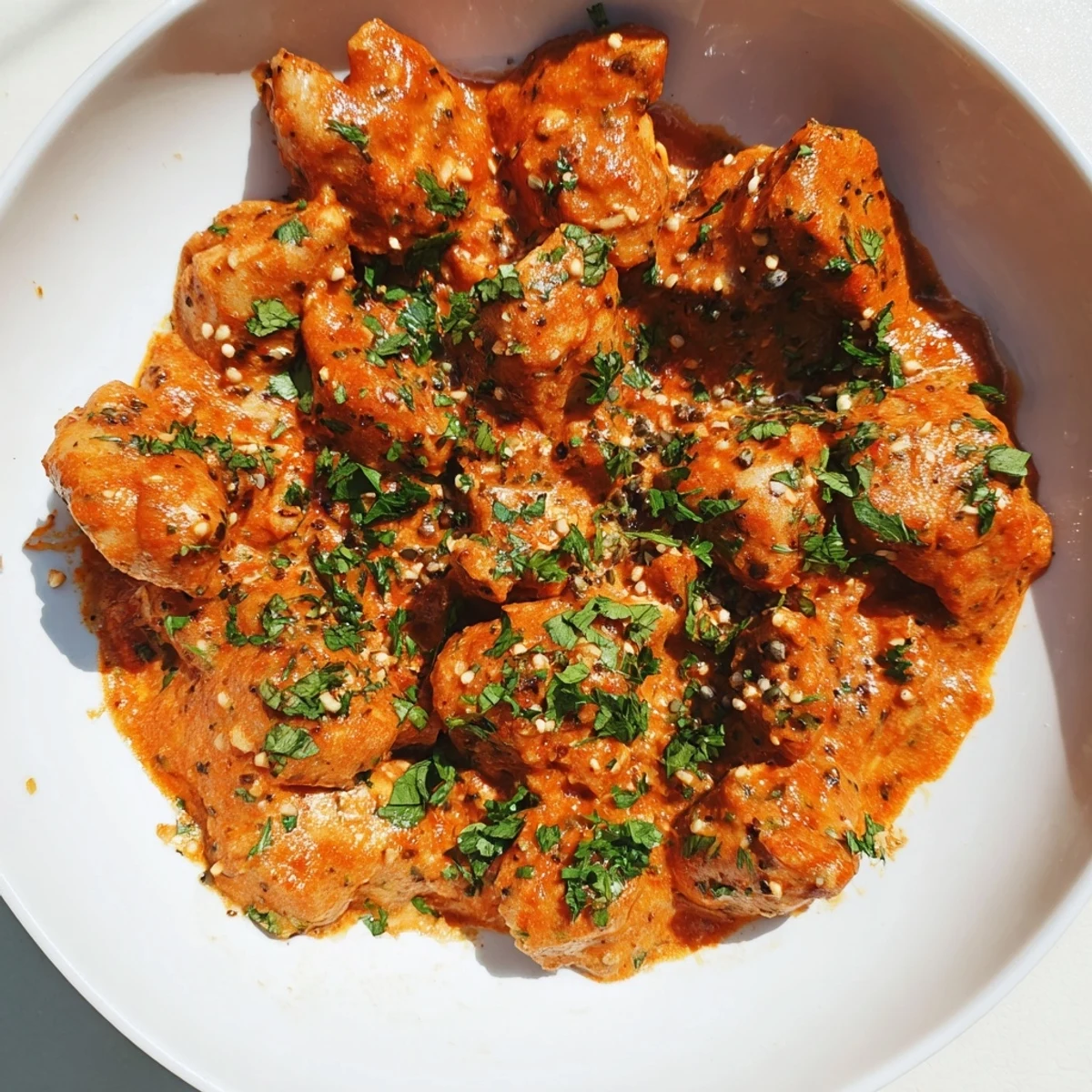 Creamy Chicken Tikka Masala with Basmati Rice served hot, garnished with fresh cilantro and ready to enjoy.