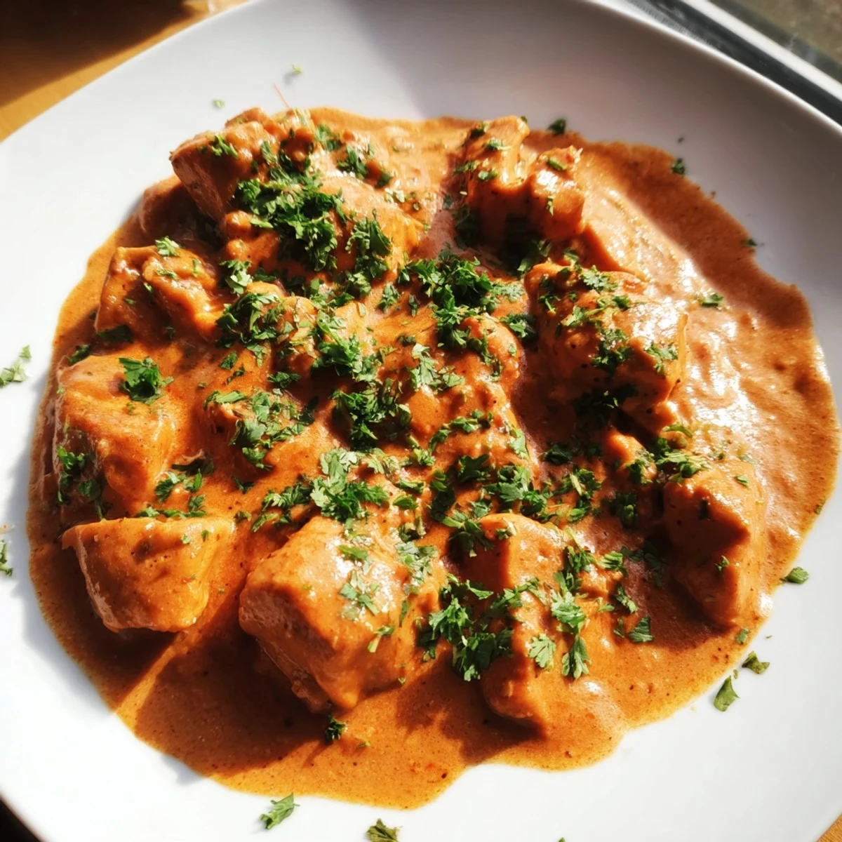 A comforting plate of Chicken Tikka Masala with Basmati Rice, finished with a swirl of cream.