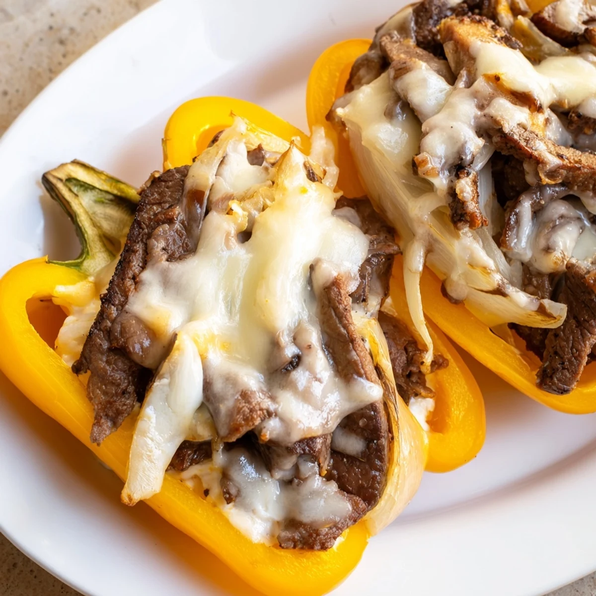 Golden-brown Beef Philly Cheesesteak Stuffed Peppers topped with melted provolone, served alongside a fresh mixed green salad.