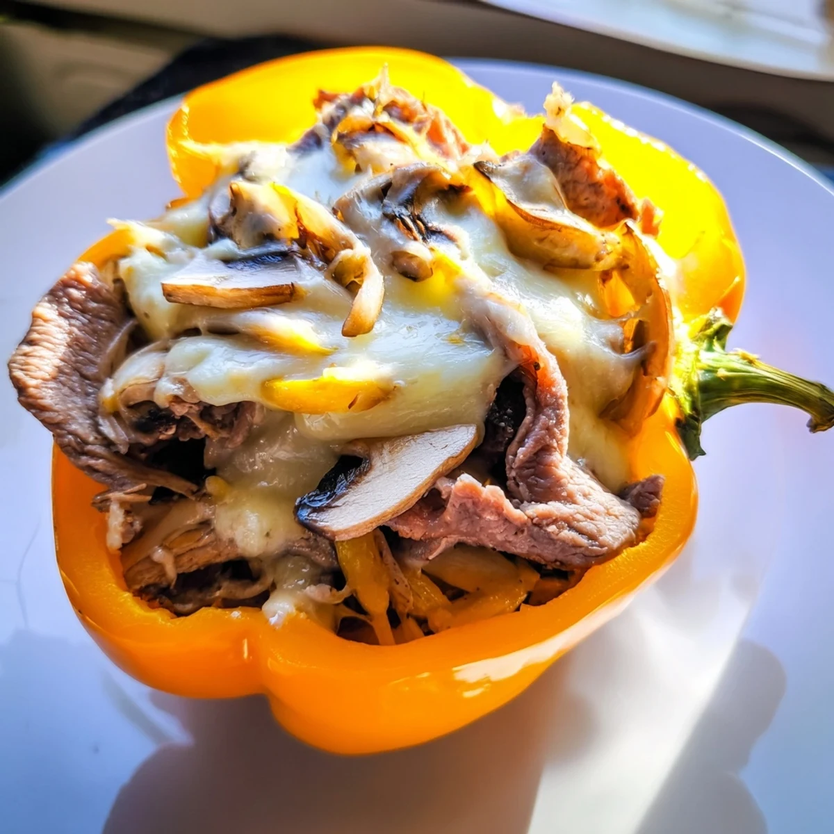 Close-up of a hot Beef Philly Cheesesteak Stuffed Pepper showing tender peppers, juicy beef, and gooey provolone slices.