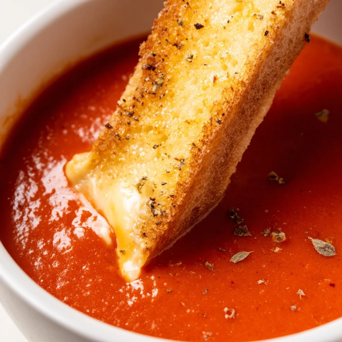 Creamy Tomato Soup with Grilled Cheese Dippers in a rustic bowl with golden, buttery strips ready for dipping.