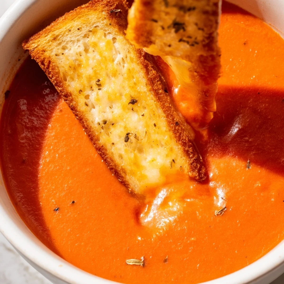 Velvety Creamy Tomato Soup with Grilled Cheese Dippers, paired beside for a comforting lunch or light dinner.