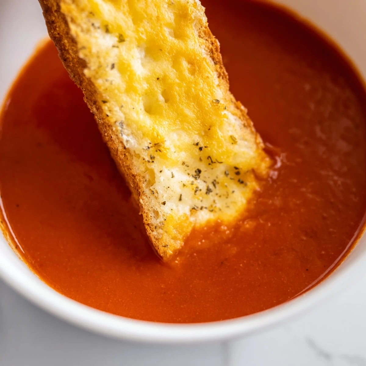 A cozy bowl of Creamy Tomato Soup with Grilled Cheese Dippers, served steamy with fresh basil garnish.