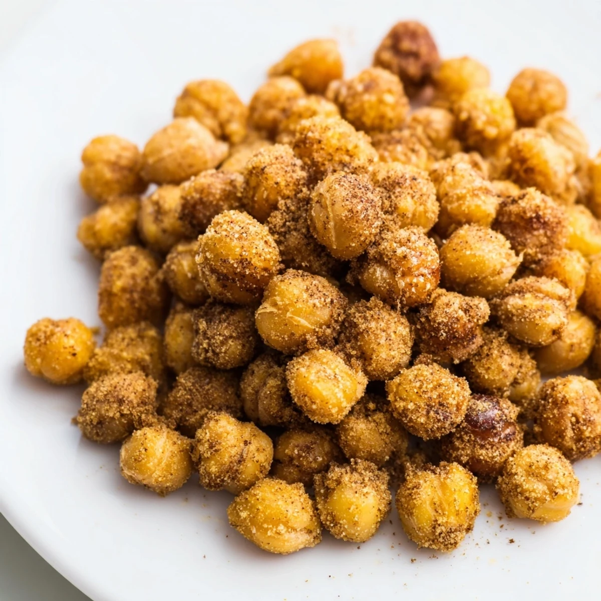 Golden brown Spicy Roasted Chickpeas with Cumin spill from a mixing bowl onto a baking sheet, ready for the oven.