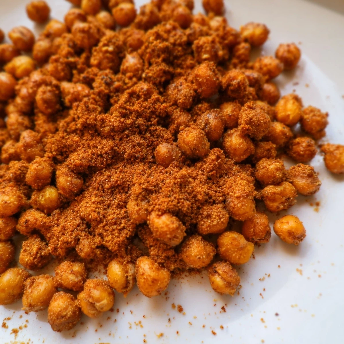 Close-up of crunchy Spicy Roasted Chickpeas with Cumin, showcasing the golden texture and paprika seasoning for a salad topper.