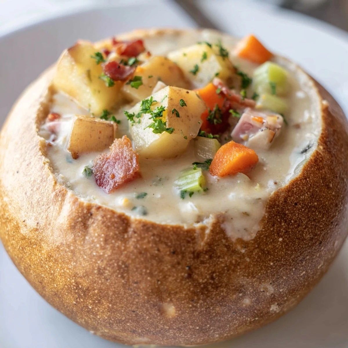 Freshly ladled Creamy Clam Chowder steams in a hollowed sourdough bread bowl, garnished with parsley and bacon bits.