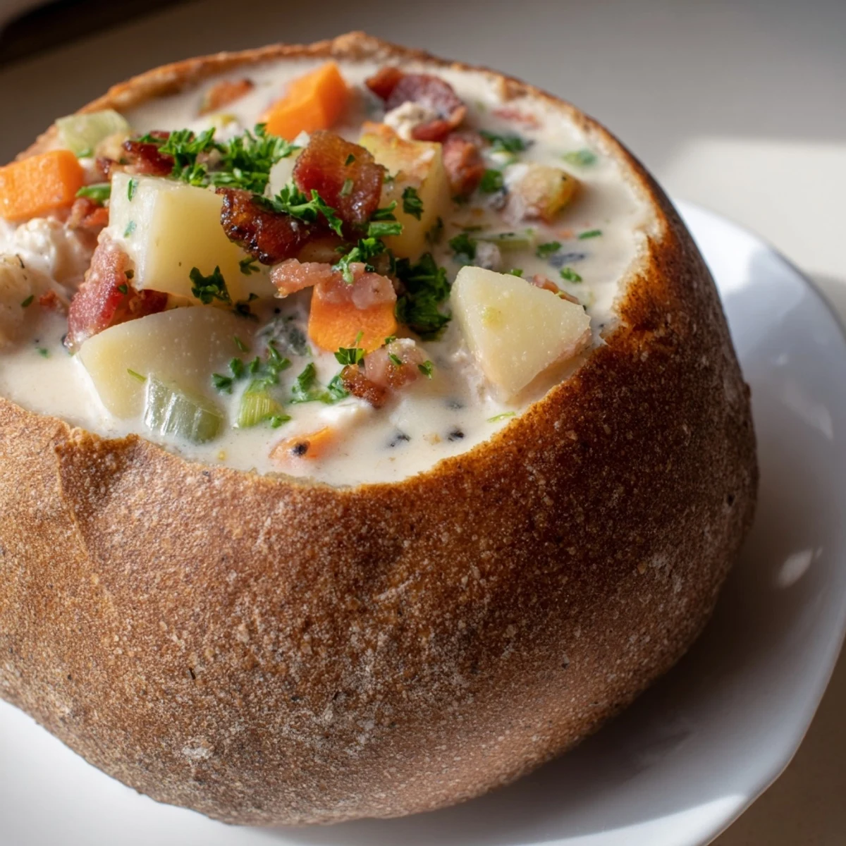 Warm Creamy Clam Chowder served in a crusty bread bowl, garnished with fresh parsley alongside a rustic wooden spoon.