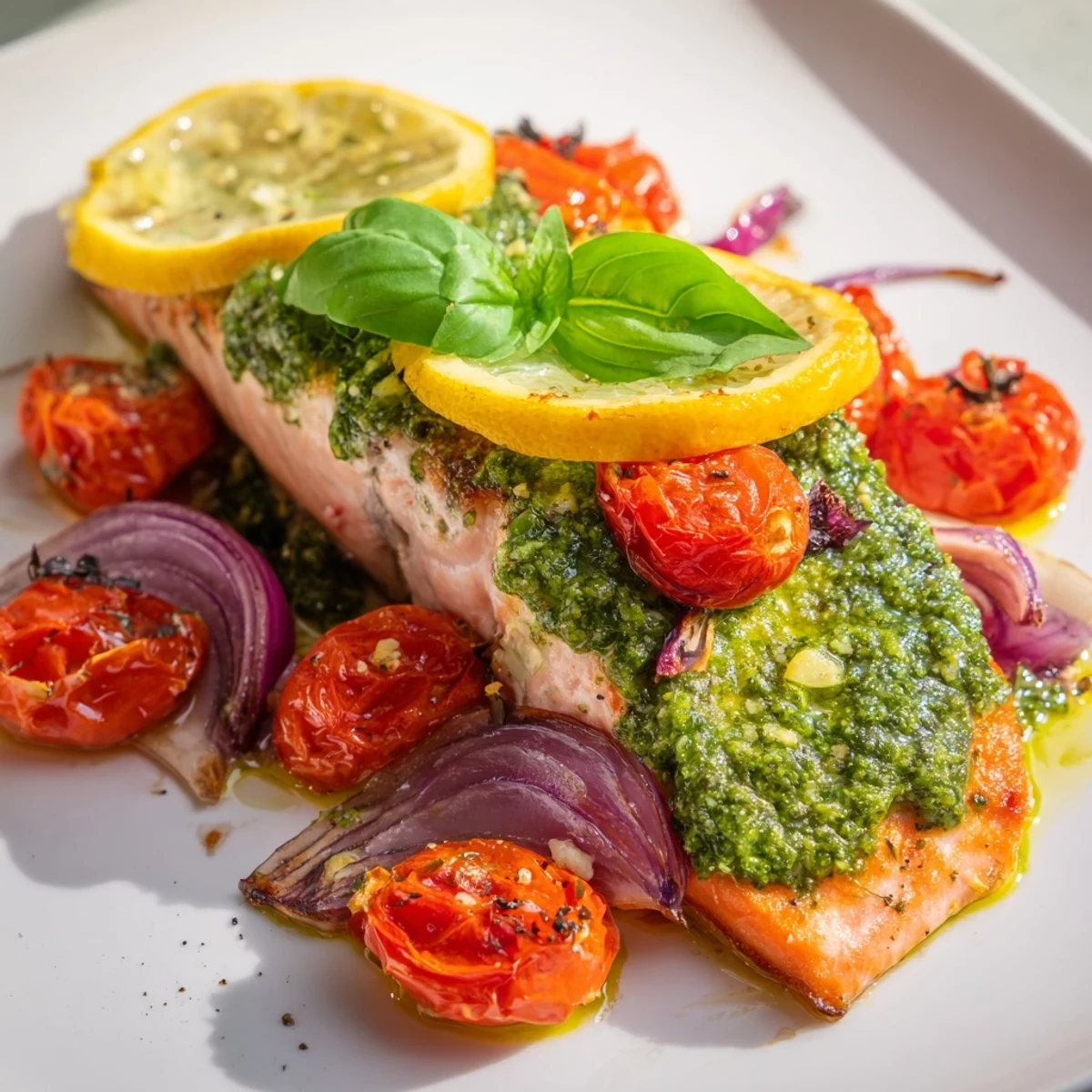 Golden-baked salmon fillets glistening with pesto and cherry tomatoes on a baking sheet, served with lemon slices and fresh basil garnish.
