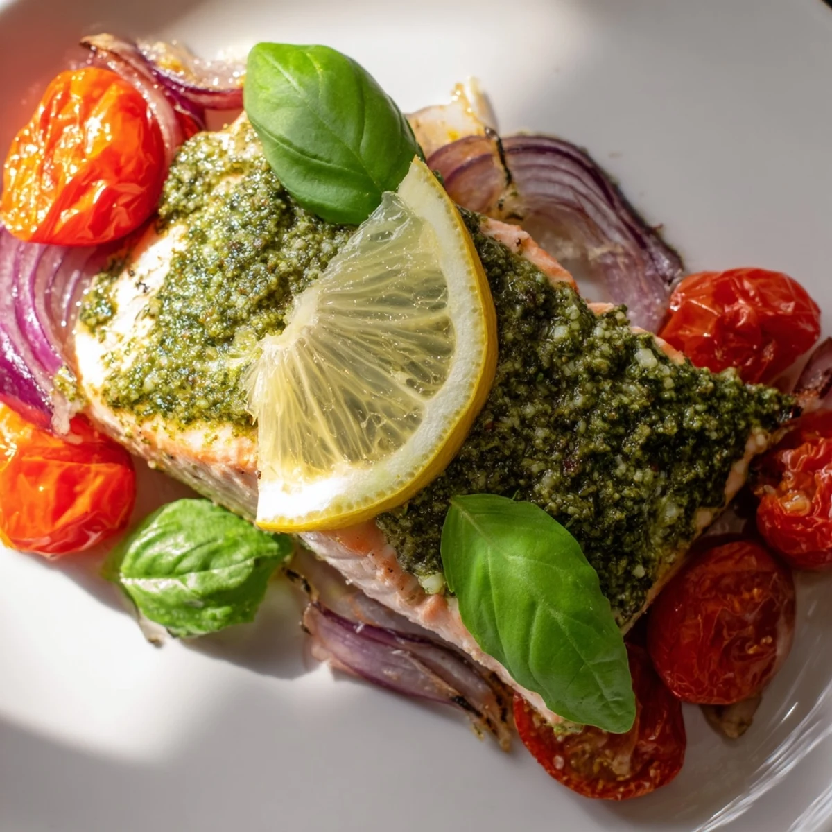 Juicy roasted cherry tomatoes and vibrant green pesto top tender flaky salmon fillets, ideal for a quick weeknight dinner meal.