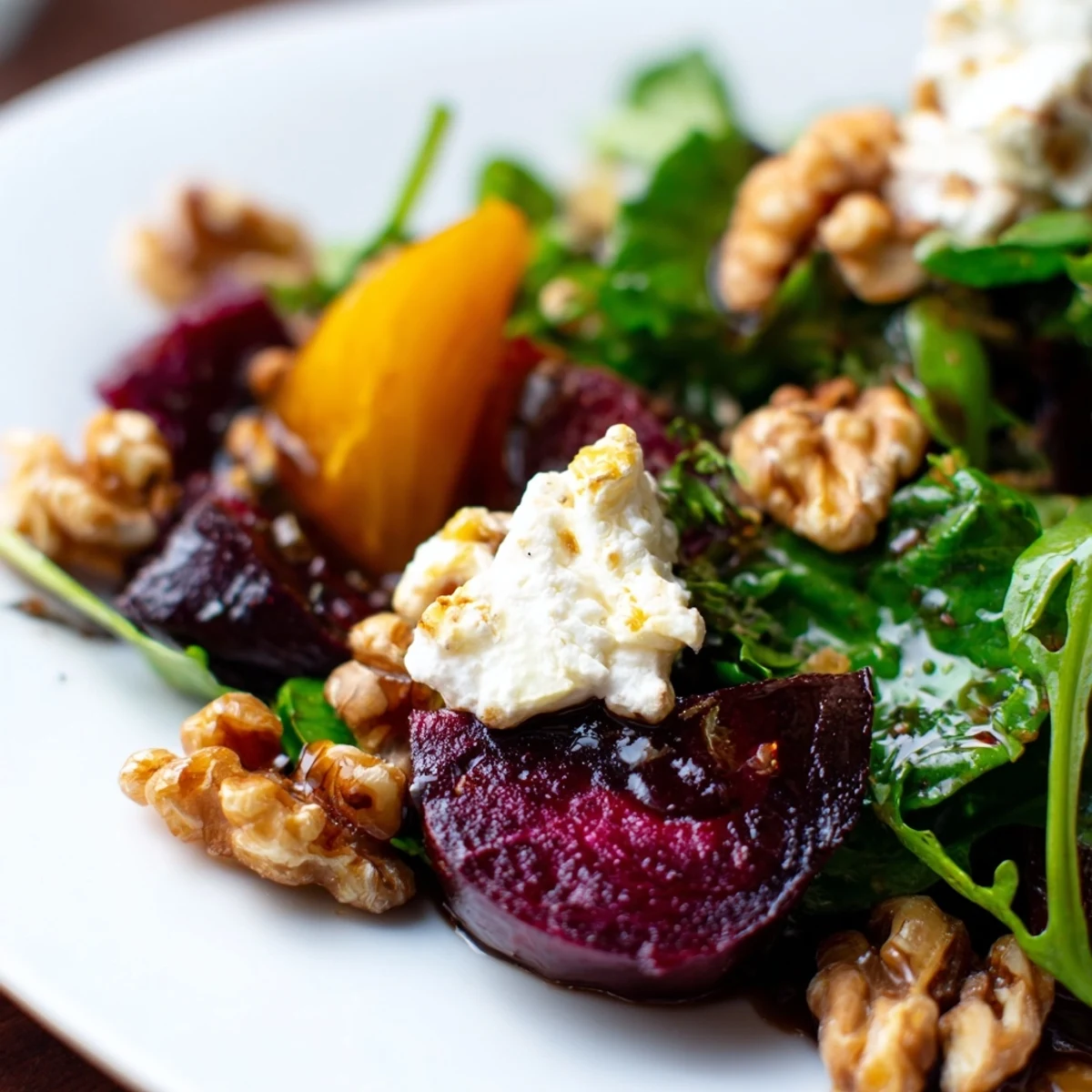 Tender roasted beet cubes and tangy goat cheese crumbles nestled in peppery arugula with a drizzle of balsamic vinaigrette.