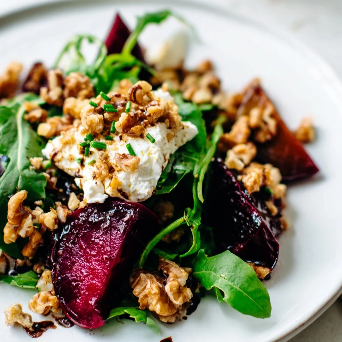 Deep red roasted beet salad with goat cheese, toasted pecans, and fresh chives served on a rustic white platter.