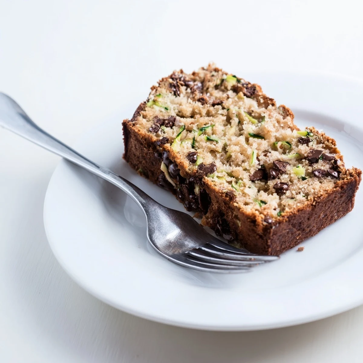 Freshly baked Chocolate Chip Zucchini Bread slices show moist crumb and melted chocolate chips on a white plate, morning sunlight.