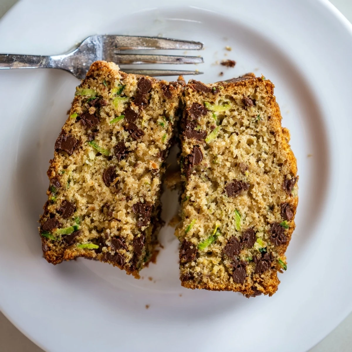A loaf of Chocolate Chip Zucchini Bread with golden crust sits beside grated zucchini and scattered chocolate chips, rustic kitchen setting.