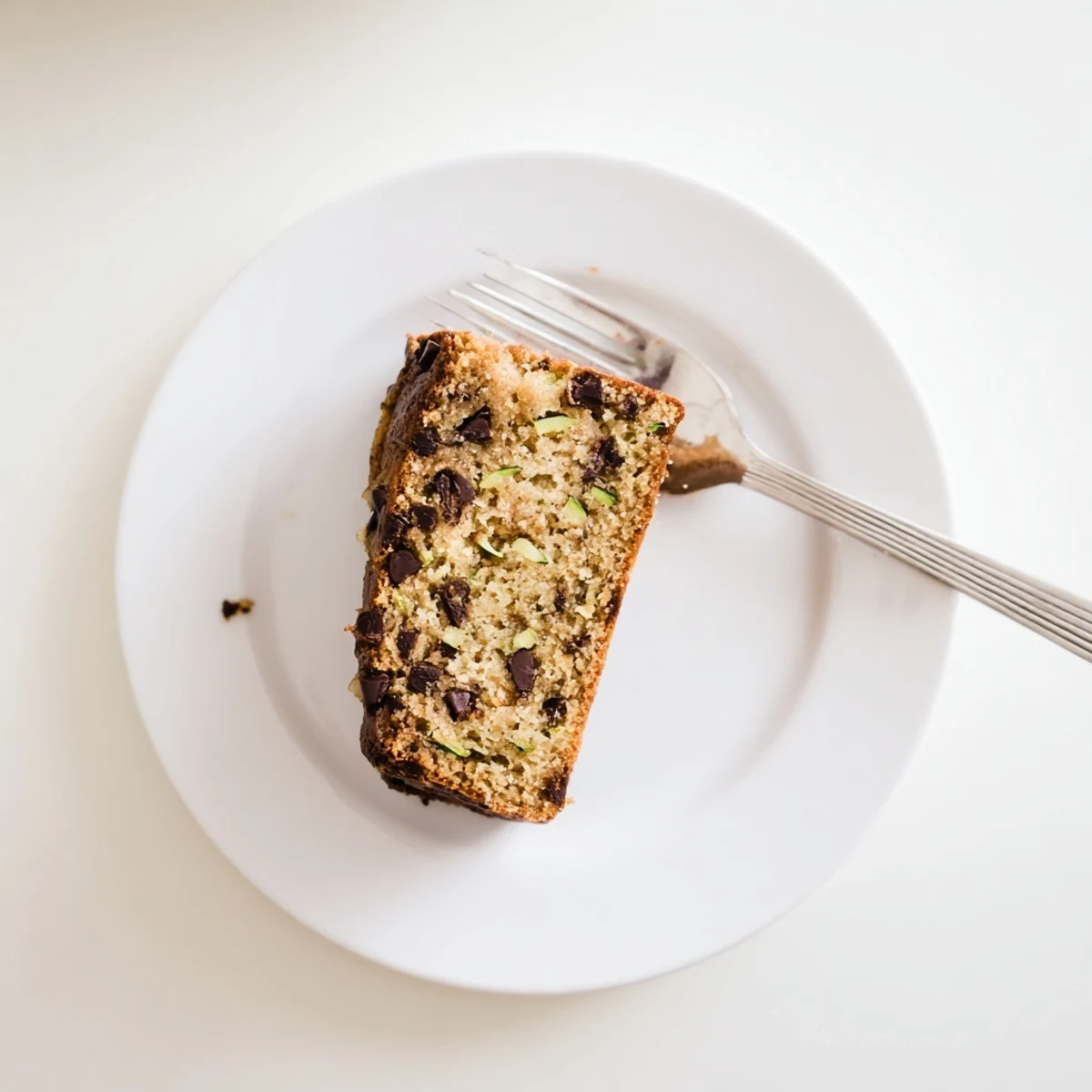 Close up of warm Chocolate Chip Zucchini bread with chocolate chunks, served with coffee for a cozy breakfast or sweet snack.