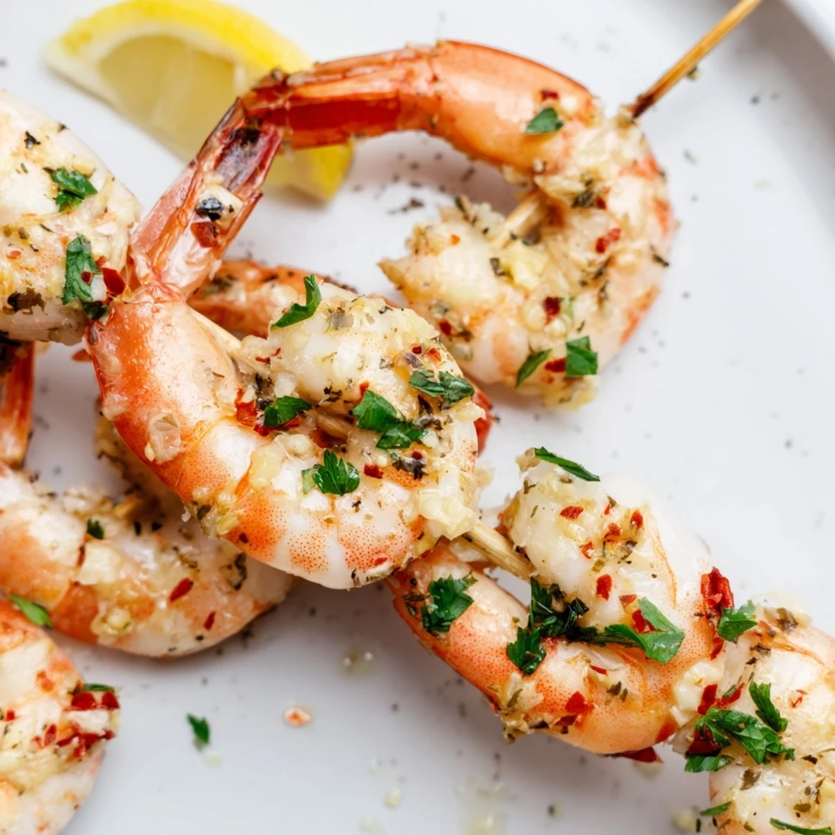 Golden-brown Lemon Garlic Shrimp Skewers with Parsley are fresh off the grill, showing juicy textures and char marks.