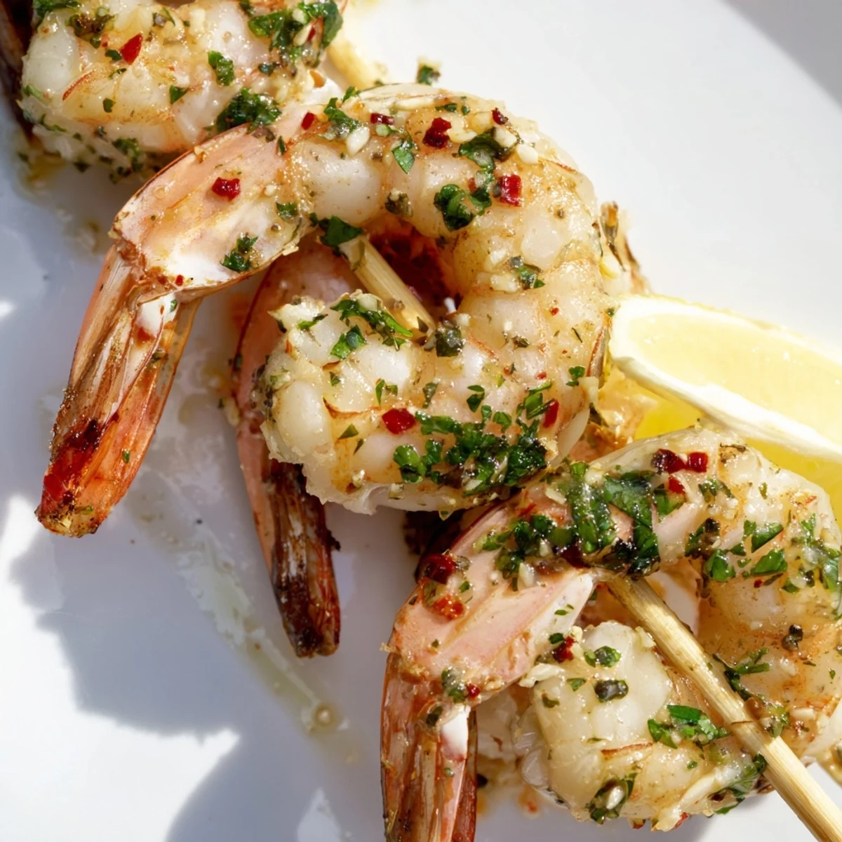 Four Lemon Garlic Shrimp Skewers with Parsley are plated on a white dish with lemon wedges for serving.